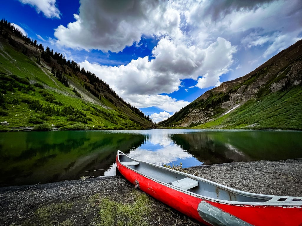 the infamous canoe that you can often find at Emerald Lake for visitors to share. located near Rustlers Gulch Trail Crested Butte